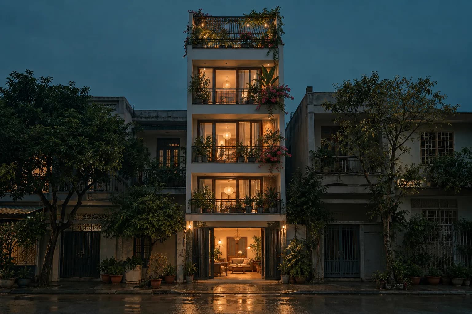 Qua ô cửa: một căn nhà ống bốn tầng lúc chạng vạng, đèn ấm sáng ở mọi tầng